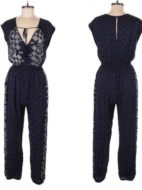 Boho Navy Printed Tie-Front Jumpsuit